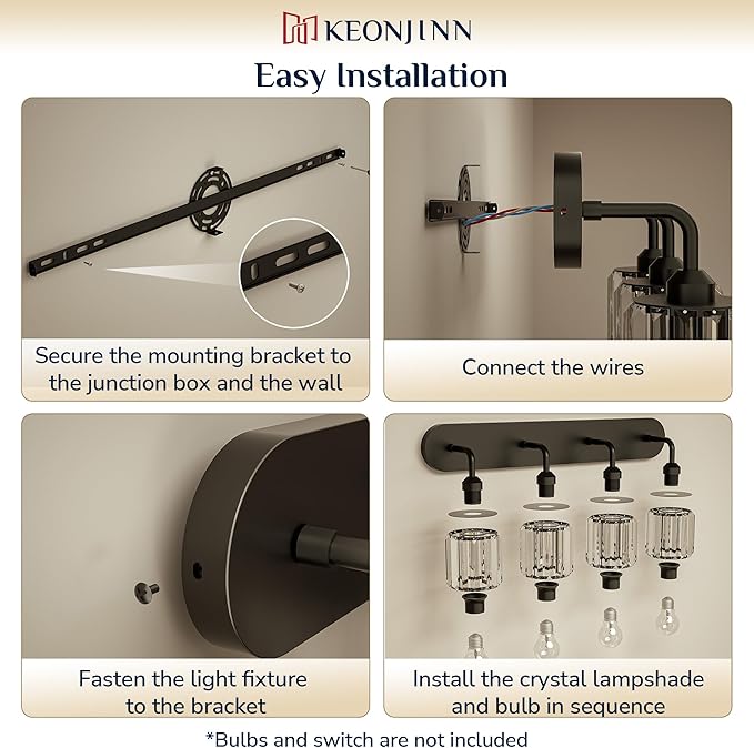 Keonjinn 6-Light Bathroom Light Fixtures, Crystal Black Bathroom Vanity Lights Over Mirror, Vanity Lighting Fixtures with Crystal Square Shades (E26 Socket, Exclude Bulb)
