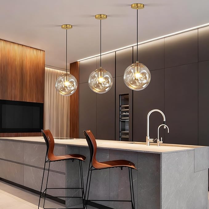 Modern Amber Concave Glass Pendant Light, 3-Pack Kitchen Island Lighting Single Globe Pendant Light Fixtures Century Kitchen Island Pendant Light for Bedroom Dining Room Light (Without Bulbs)