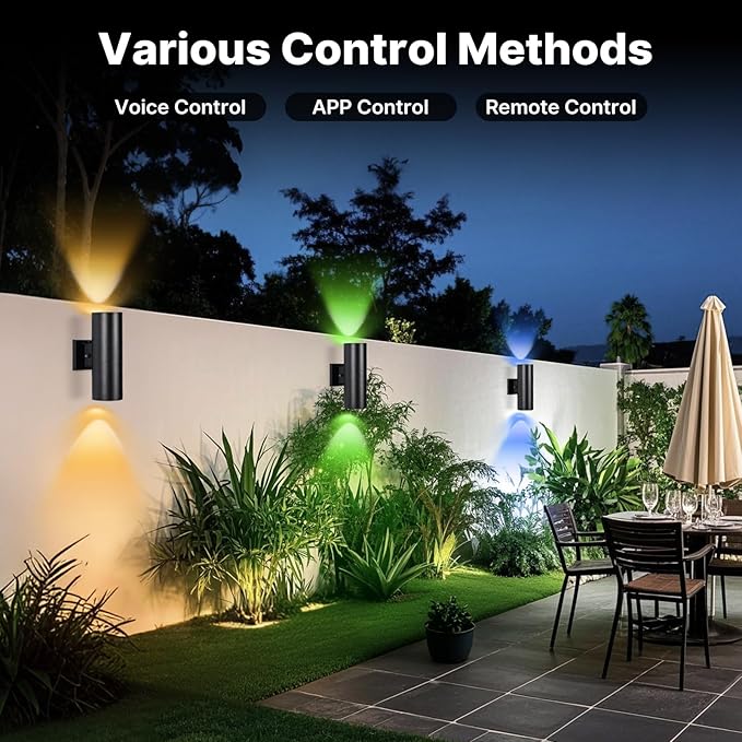 RGBCW Outdoor Wall Light 2 Pack, Smart Porch Light Dusk to Dawn Lighting with Remote Control, WiFi Outdoor Wall Sconce, Compatible with Alexa, Exterior Lights for House Porch Garage