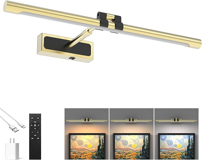 Brass Picture Light for Wall - 21inch Dimmable & Rechargeable Art Light with Single Swing Arm, 25H Light Time, Angle Adjustable, 3 Color Temperatures Timer - Perfect for Paintings and Home Decor