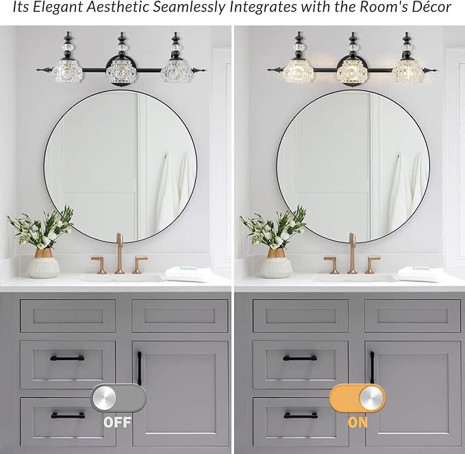 Bathroom Vanity Light Fixtures, Farmhouse Vintage Wall Sconce Lighting with Glass Shade, Bath Vintage Wall Mounted Lamps for Mirror (3 Lights,Matte Black,G9 Base)