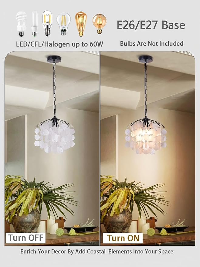 Capiz Shell Pendant Light, 12.6” Black Coastal Hanging Chandelier, Adjustable Height up to 51”, E26 Hardwired Ceiling Light for Living Room, Home Office, Bedroom, Boutique
