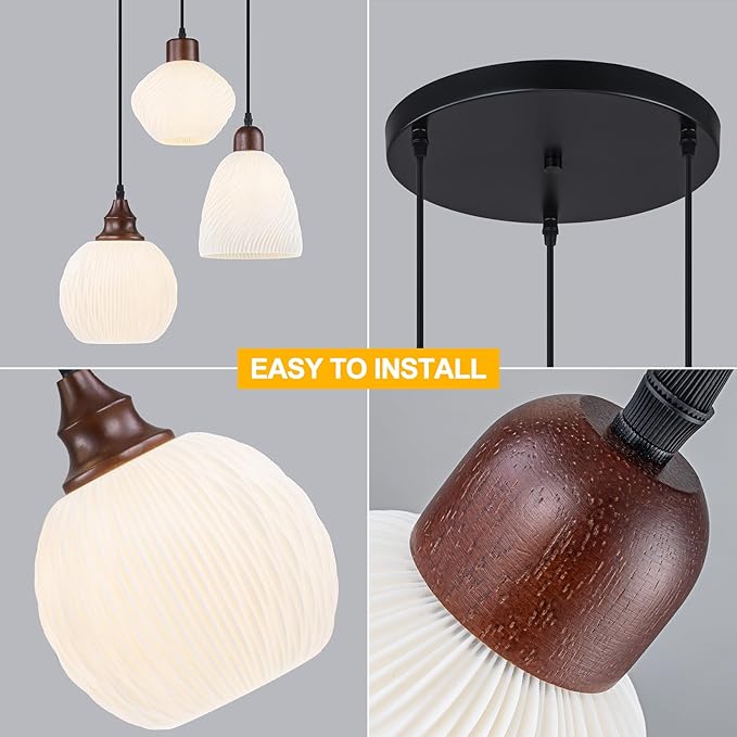 Cluster Pendant Lights with for Kitchen Island 3-Light Pendant Light Fixtures with 3D Printed Ribbed Shade, Kitchen Island Lighting Adjustable Pendant Light for Dining Room, Kitchen