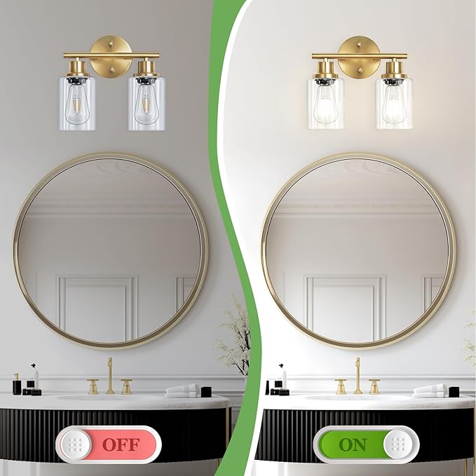 2-Light E26 Bathroom Light Fixtures, Modern Brushed Gold Vanity Lights for Bathroom with Clear Glass Shade, Mirror Kitchen Hallway Cabinet Living Room Sconces Wall Lights