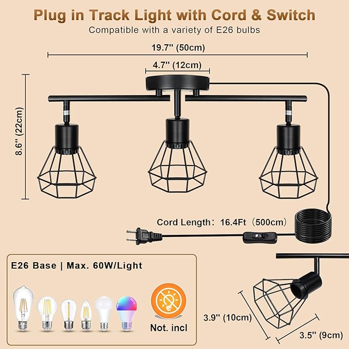 3-Light Plug-in Track Lighting with Rotatable Heads, Plug in Ceiling Light with 16.4ft Power Cord & Switch, LED Spotlight for Kitchen Cabinet Living Room Artwork, E26 Socket (Bulb Not Included)