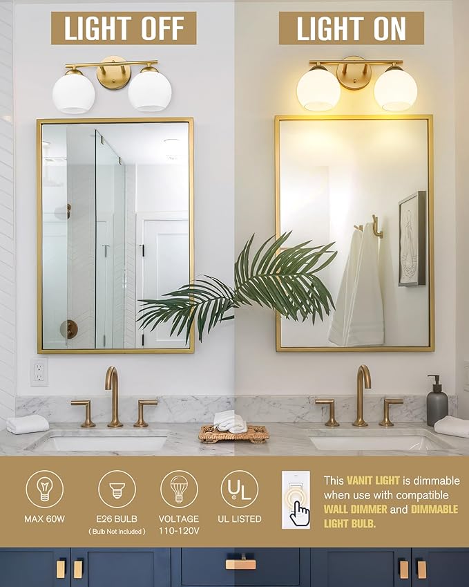 Emak 2-Light Gold Bathroom Light Fixtures, Modern Globe Vanity Lights with Milk Glass Shade for Bathroom, VL114-GD-ML-2