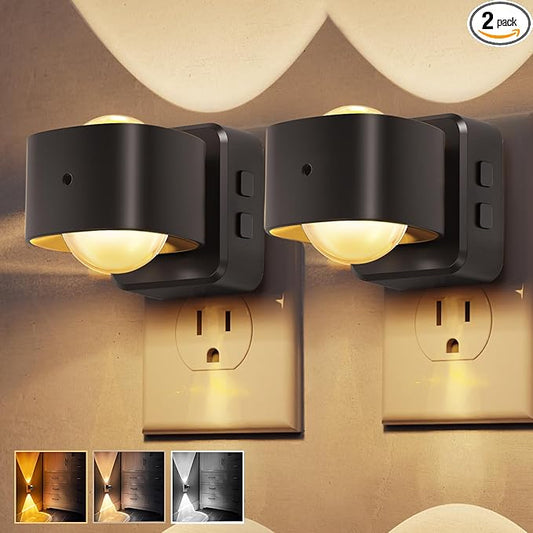 L LOHAS LED Night Light Projector, Night Lights Plug into Wall, 2000K/3000K/5000K Adjustable Color Temperature Nightlight, Rotating Nightlight with Light Sensor for Kids, Bathroom, Gaming Room,2 Pack