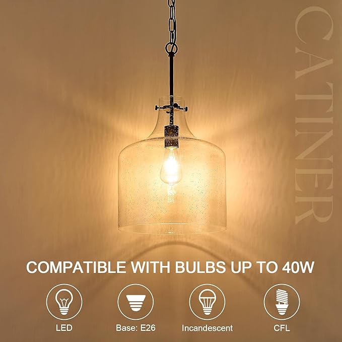 CATINER 12" Black Seeded Glass Pendant Light, Modern Farmhouse Hanging Ceiling Light Fixture for Kitchen Island, Dining Room, Hallway, Hand-Blown Bubble Glass Shade, E26 Dimmable Pendant Lighting