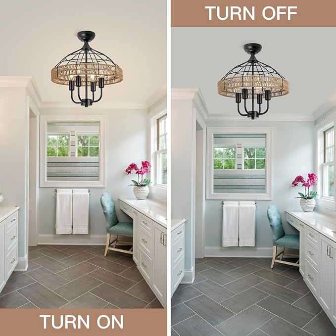 SEEBLEN Semi Flush Mount Ceiling Light,Rattan Ceiling Light Fixtures 4 Light Hand-Woven Boho Light Fixtures Ceiling Mount for Bedroom Hallway Kitchen Entry.