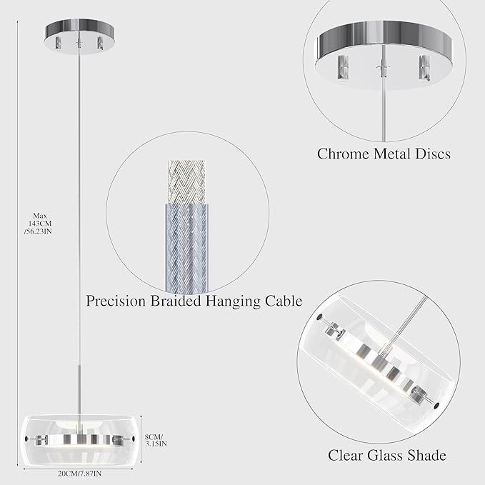 Modern Pendant Lights Kitchen Island, Dual-Sided LED 3-CCT Dimmable Glass Hanging Lighting Fixture, Adjustable Cable for Dining Room, Bar, Over Table, Sloped Ceiling Chrome Silver