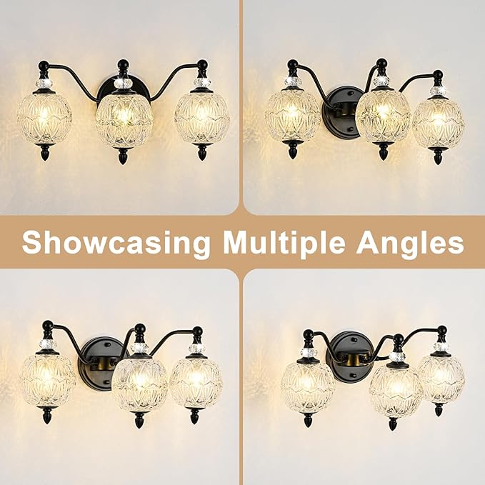Matte Black Bathroom Vanity Light, 3-Light Mid Century Farmhouse Wall Sconce with Globe Glass Shades, Retro Mirror Light for Bathroom, Powder Room
