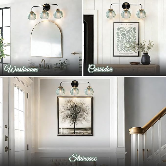3-Light Bathroom Vanity Lights Vintage Bathroom Sconce Lights with Green Ribbed Glass Shade Mid Century Modern Light Fixture Art Deco Wall Lamp Mirror Over Vanity Light fixtures