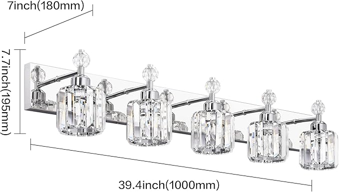 PRESDE Crystal 5-Light Vanity Light for Bathroom，Chrom Modern Bathroom Lights Fixtures Over Mirror