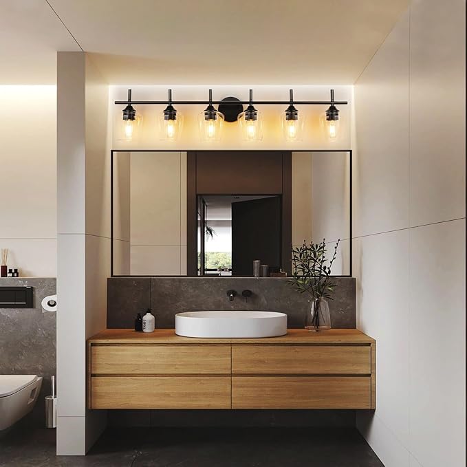 Bathroom Vanity Light Fixtures, Bathroom 6-Lights Over Mirror Modern Vanity Lighting with Clear Wine Glass Shade Wall Lamp for Bedroom Hallway Living Room (Black, 6-Light)