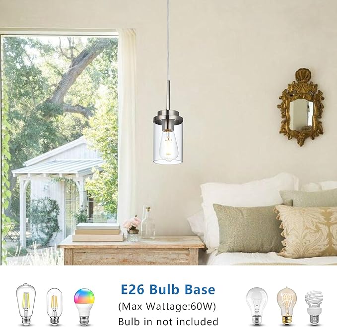 MELUCEE 2 Pack Pendant Lights Kitchen Island Brushed Nickel Adjustable Hanging Ceiling Lamp with Clear Glass Shade, Modern Glass Pendant Lights for Dining Table Hallway Living Room