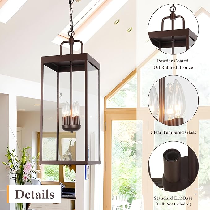 Large Outdoor Pendant Lantern Light Fixture for Front Porch, 28 Inch 4-Light Bronze Exterior Hanging Chandelier with Clear Glass, Outdoor Indoor Pendant Lamp for Patio, Gazebo, RZ008XL-H ORB