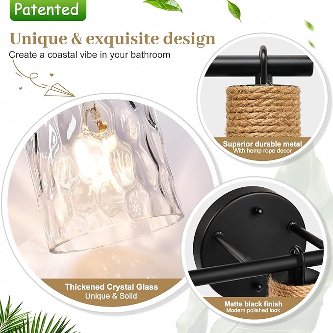 MOKATNG Bathroom Light Fixtures, 4-Light Coastal Vanity Lights with Crystal Glass Shade, Black Bathroom Wall Lamp for Mirror Kitchen Hallway Cabinet