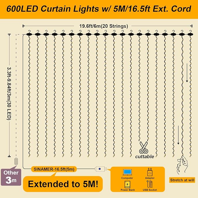 600LED Curtain Lights for Bedroom, 19.6ft x 9.8ft Fairy Curtain String Light with 24 Hooks, 8 Modes Hanging Lights for Wedding, Party, Backdrop, Window, Xmas Decor, Warm White