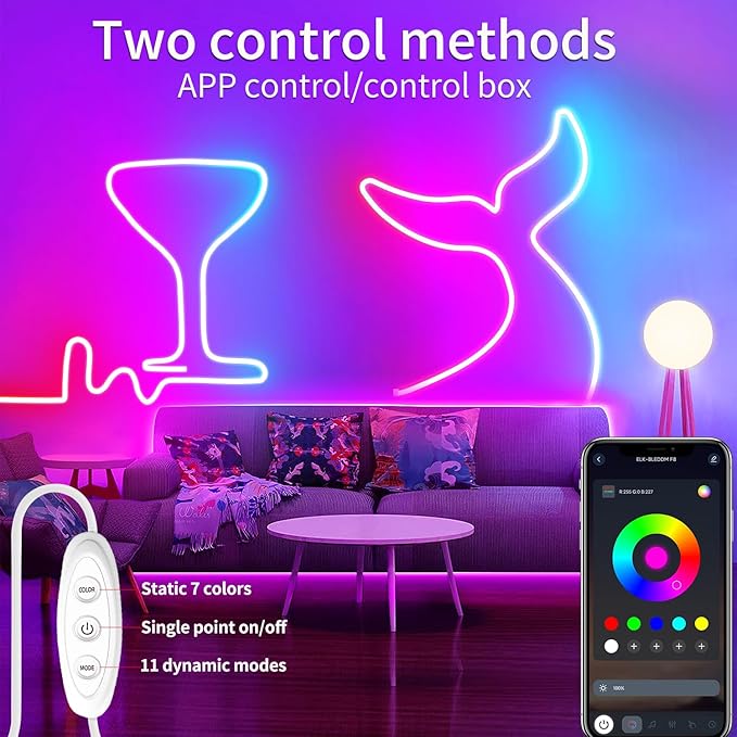 LED Neon Lights，6.6ft USB Powered LED Strip Lights，5V Music Sync Color Changed Rope Light with APP Control，IP65 Waterproof RGB Rope Lights for Bedroom，Cabinet,Kitchen (with Adhesive Backing)