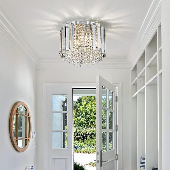 AGV LIGHTING CL026 K9 Crystal Ceiling Light Fixture, Flush Mount, Modern Design, D11 x H9.5, 4 x E12 Lights, Perfect for Living Room, Chrome Finish