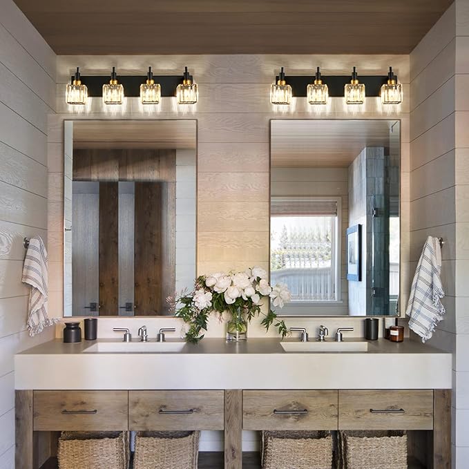 Gold Black Crystal Bathroom Lighting Fixtures, 4 Light Brass Modern Crystal Bathroom Vanity Lights Over Mirror Brass Bath Light
