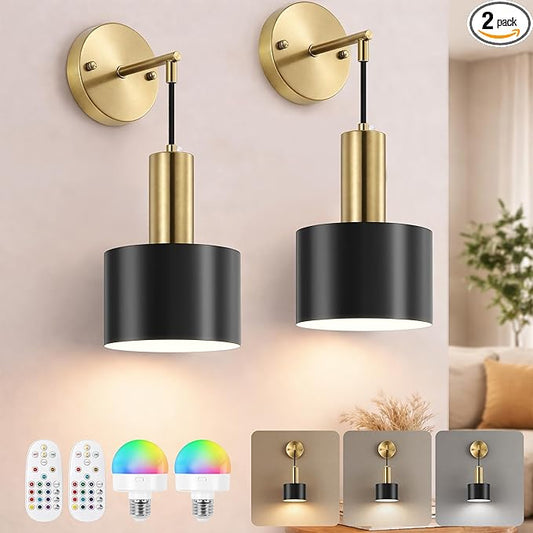 Battery Operated Wall Sconces Set of Two, Black & Gold Wireless Rechargeable Wall Lights with Remote, 15 Colors Dimmable LED Wall Lamps, Modern Cordless Sconce for Bedroom Living Room Hallway