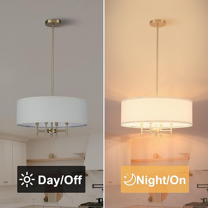 Untrammelife Drum Pendant Chandelier 4-Lights Gold Chandelier 20" Ceiling Hanging Light Fixture with White Shade, for Dining Room Living Room Bedroom Kitchen Island