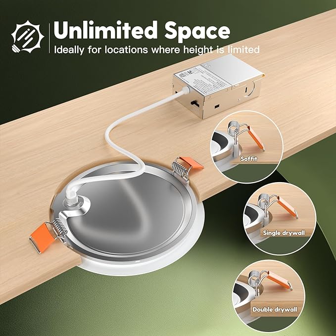 FREELICHT 6 Pack 6 Inch 5CCT Ultra-Thin LED Recessed Ceiling Light with Junction Box, 2700K/3000K/3500K/4000K/5000K Selectable, 1050LM Brightness, Dimmable Canless Wafer Downlight, 12WEqv110W, ETL&FCC