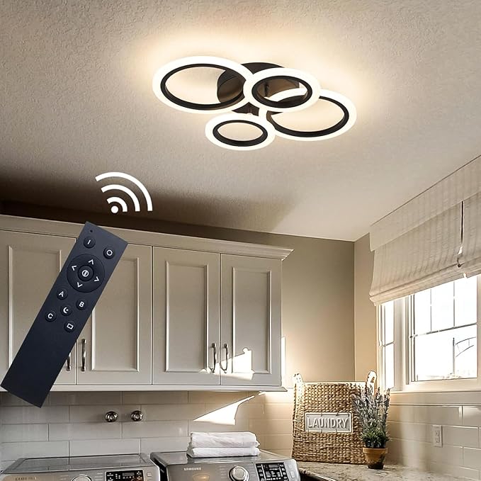 Shine LUEST 34W Modern LED Ceiling Light, 3000K-6000K Dimmable Ceiling Lighting Fixtures Ceiling Mount 4 Rings Black LED Chandelier Bedroom Lights Flush Mount with Remote for Kitchen, 2720LM
