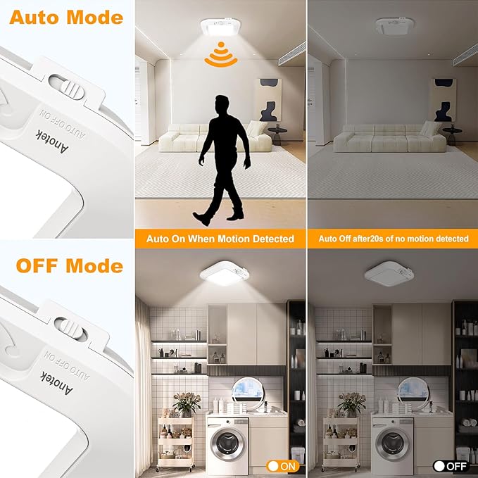 Battery Operated Ceiling Light, Motion Sensor Light Indoor, Motion Activated for Bathroom Stair Hallway Shed Laundry Daylight Auto On/Off