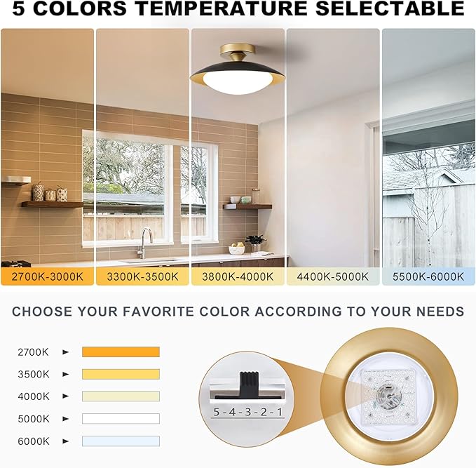 Dimmable Modern Semi Flush Mount Ceiling Light Fixture,Small Black and Gold LED Glass Shade Kitchen Ceiling Lights,5CCT In One Light Fxiture for Hallway Entryway Bedroom Laundry Room Foyer(11.81in)