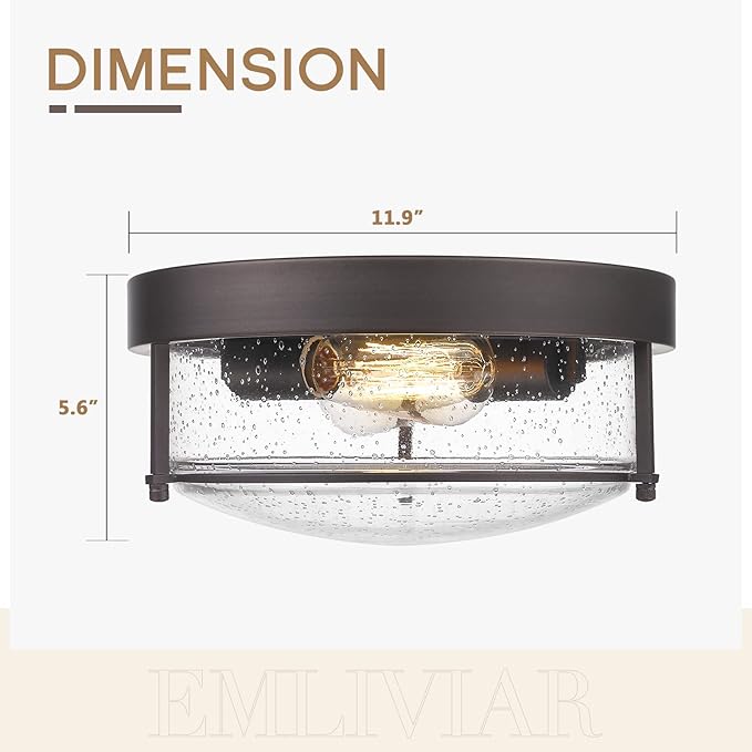 Emliviar 2-Light Ceiling Light Fixture, Farmhouse 12 inch Close to Ceiling Light with Seeded Glass, Oil Rubbed Bronze Finish, GE263F ORB