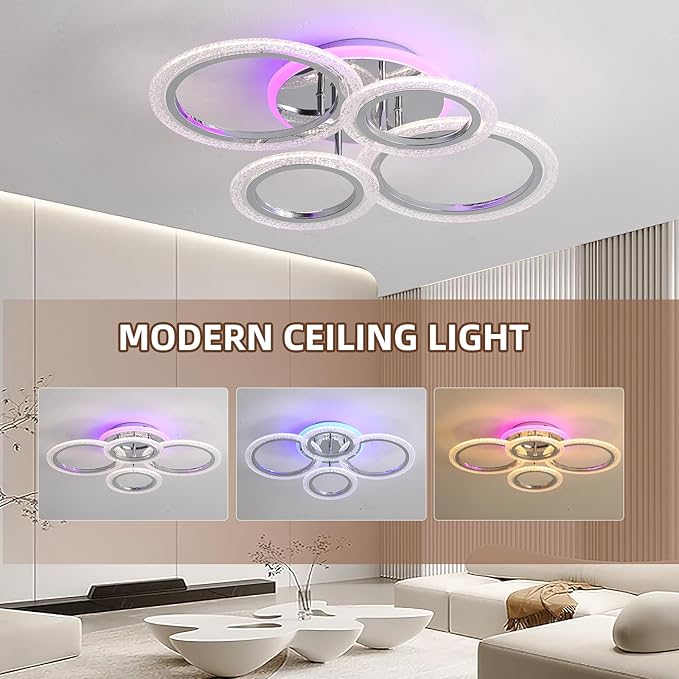 Modern Ceiling Light,50W Flush Mount Ceiling Lights,Dimmable lampara de techo para sala,4 Rings Lighting Fixture Ceiling Lamps for Living Room, Bedroom,Kitchen,Laundry Room,3000-6000K,Chrome
