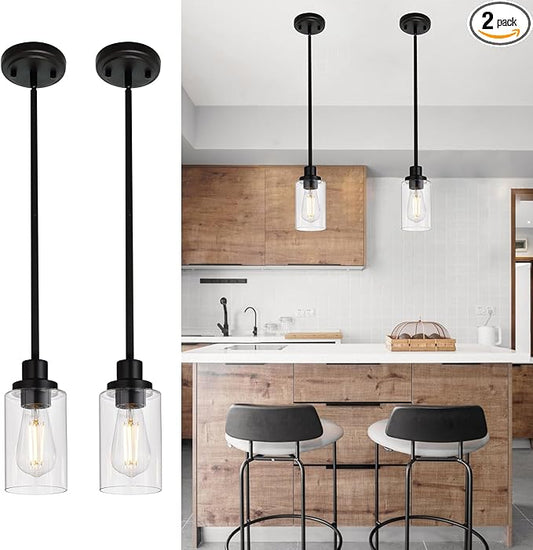 MELUCEE 2-Pack Pendant Light Black Adjustable Hanging Light Fixtures Ceiling with Clear Glass Shade, Set of Two Mini Pendant Lighting for Kitchen Island Hallway Porch Corridor