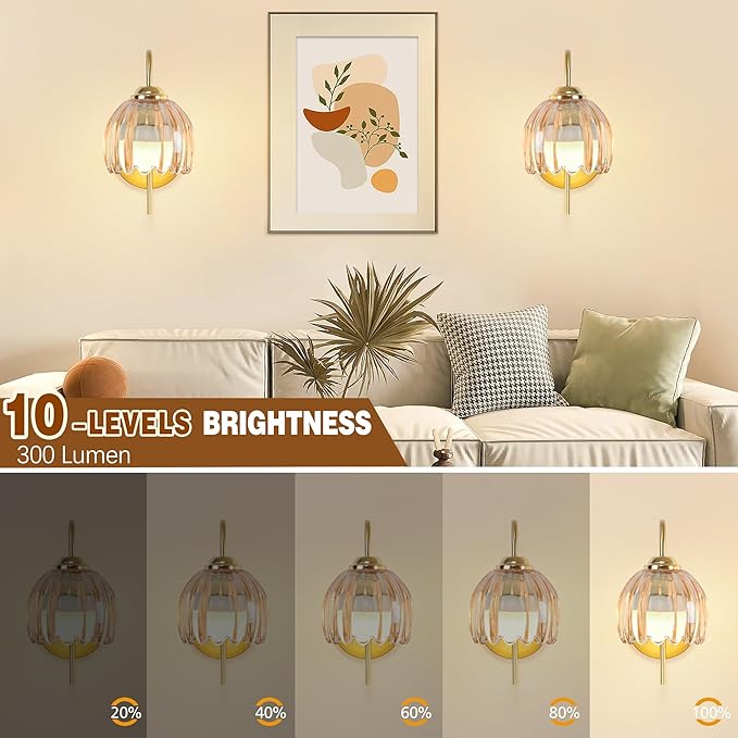 Vintage Battery Wall Sconce with Flower lampshade,Rechargeable Battery Powered Wall Lights,Wall lamp with 15 Colors for Bedroom Living Room Home Decor (Amber Tulip, 2 Light Battery Operated)