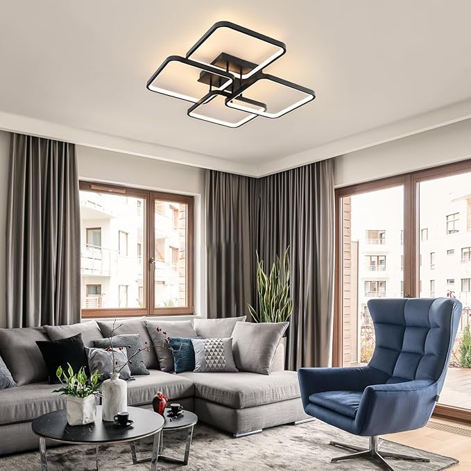 EIDISUNY Modern Led Ceiling Light Fixtures for Living Room, Dimmable Square Ceiling Lighting Fixture with Remote Control, 3 Colors Flush Mount Ceiling Light for Dining Room, Kitchen, Living Room
