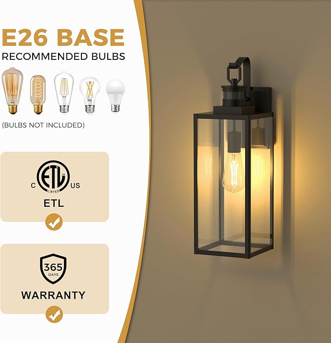 DORESshop Large Size Motion Sensor Outdoor Wall Lights, 20 Inch Matte Black Waterproof Anti-Rust Outdoor Light Fixtures Wall Mount with Clear Glass Shade for Porch, Garage, ETL Listed, 2 Pack