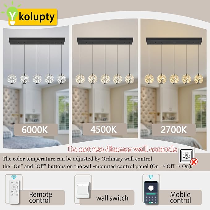 ykolupty 5-Lights Crystal Globe Pendant Light Kitchen Island Black Linear Chandeliers for Dining Room,LED Dimmable Globe Chandelier for Kitchen Living Room Foyer