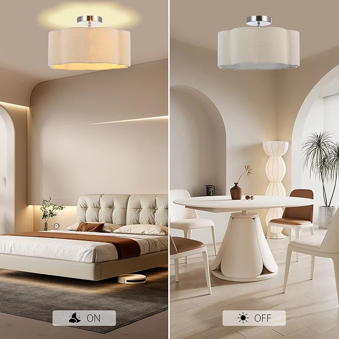 Newrays 3-Light Semi Flush Mount Ceiling Light Fixture, Fabric Shade Modern Close to Ceiling Lamp for Nursery Kids Room Bedroom Kitchen Hallway Entryway with 3PCS LED Bulbs (Linen)