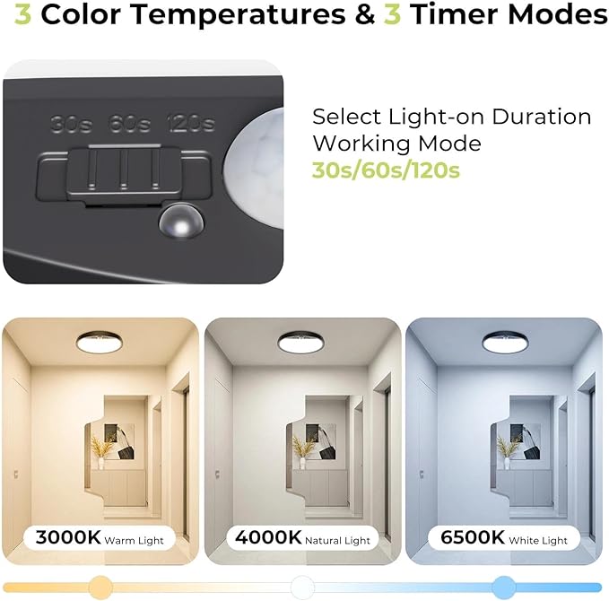 hepside 4 Pack Motion Sensor Ceiling Light Wired, 3000K/4000K/6500K LED Flush Mount Ceiling Light Fixture, 7Inch 15W Motion Sensor Light with Timer for Closet Stair Porch Hallway Pantry,Black