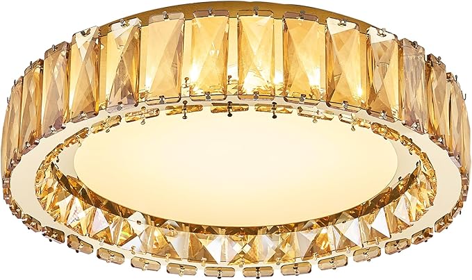Amber Crystal Dimmable Flush Mount Ceiling Light, Gold Modern LED Close to Ceiling Light Fixture with 5CCT 2700K-6000K, Round Kitchen Lighting for Bedroom,Laundry Room, Hallway, Living room (15in 36W)