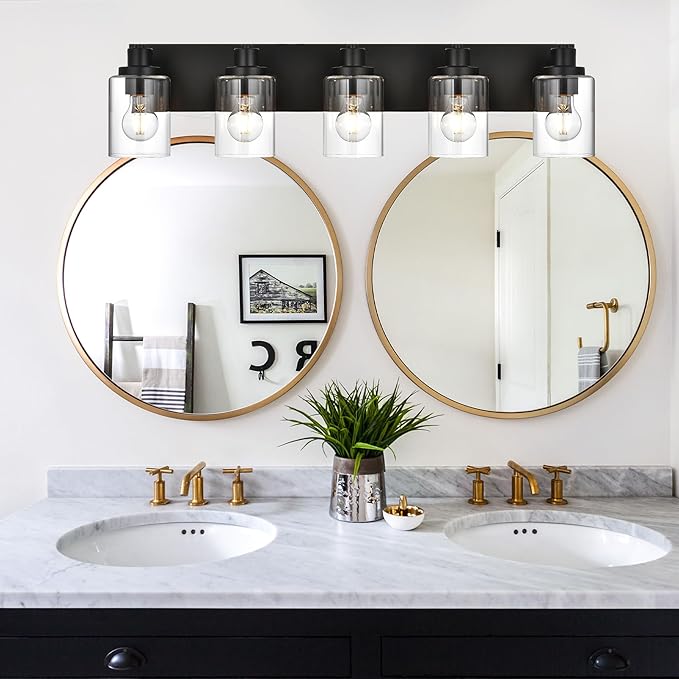 5 Light Bathroom Vanity Lights, Bathroom Lighting Fixtures over Mirror with Clear Glass Shades, Black Vanity Light For Bathoom, Modern Wall Sconces Vanity Lighting Fixture for Bathroom Hallway