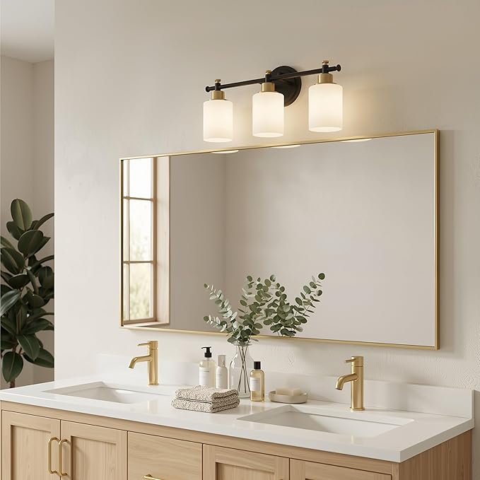 3-Light Bathroom Vanity Light, Black and Gold Vanity Lights for Bathroom with Milky White Glass Shade, Vanity Light Fixture Over Mirror, Modern Style, 16 Inch Compact, E26 Base