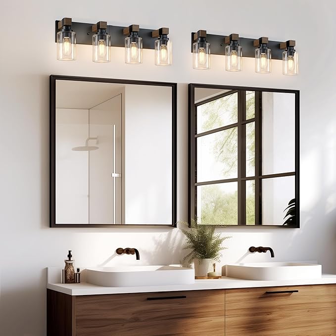 Farmhouse Bathroom Vanity Light Fixtures, Rustic 4-Light Wood Vanity Lights for Bathroom, Vintage Black Wall Sconces Lighting, Light fixtures Over Mirror, with Glass Shade
