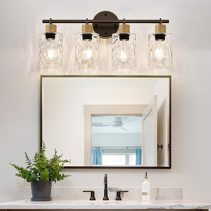 MOKATNG Bathroom Light Fixtures, 4-Light Coastal Vanity Lights with Crystal Glass Shade, Oil-Rubbed Bronze Bathroom Wall Lamp for Mirror Kitchen Hallway Cabinet