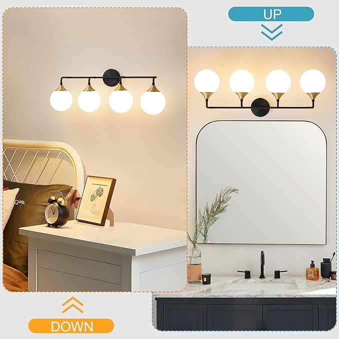 Bathroom Light Fixtures, 4-Light Black Gold Bathroom Vanity Lights Over Mirror, Modern Farmhouse Wall Sconce Lighting with Milk White Glass Ball Shades