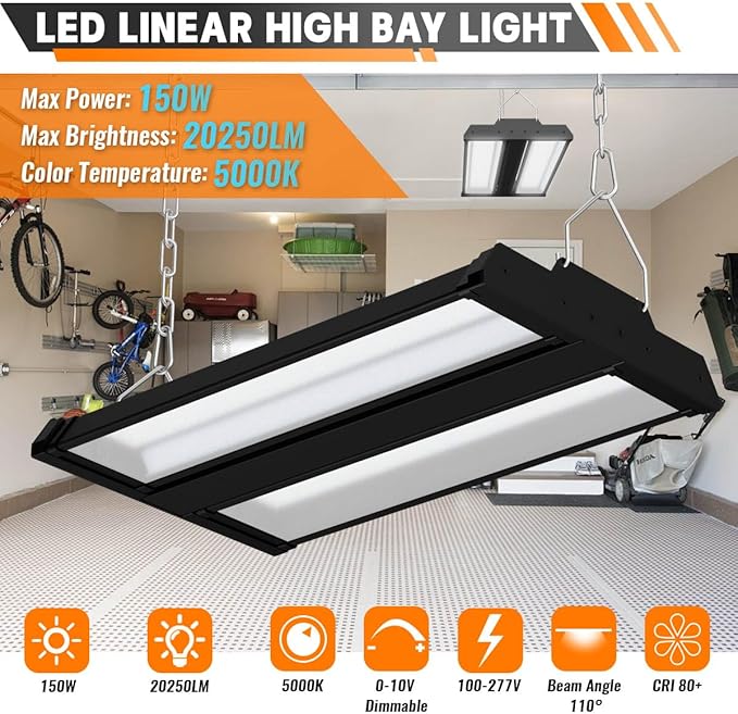 Allsmartlife LED Linear High Bay Light 1-Pack, 150W 20250LM 0-10V Dimmable 5000K Daylight, Adjustable Black Tilt Hanging LED High Bay Shop Lighting Fixtures for Garage Warehouse Workshop