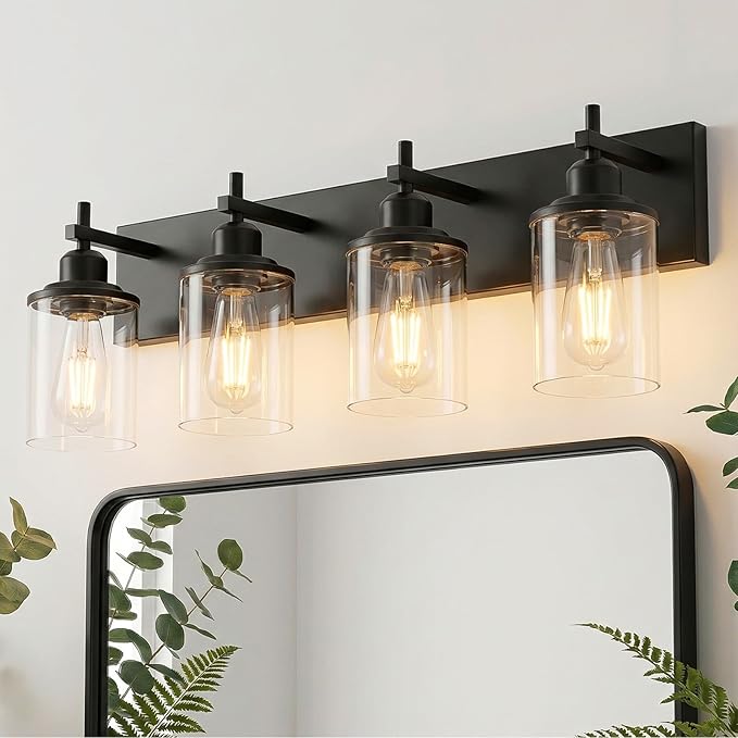 Lanhall 4-Light Black Bathroom Light Fixture Over Mirror Modern Farmhouse Bathroom Vanity Light Vintage Wall Lighting with Clear Glass Shade for Bathroom, Bedroom, Hallway, Cabinet