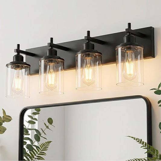 Lanhall 4-Light Black Bathroom Light Fixture Over Mirror Modern Farmhouse Bathroom Vanity Light Vintage Wall Lighting with Clear Glass Shade for Bathroom, Bedroom, Hallway, Cabinet