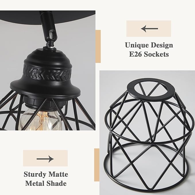 5-Lights Kitchen Light Fixtures Ceiling Mount, Adjustable Multi-Directional Black Flush Mount Ceiling Light, Retro Metal Cage Farmhouse Close to Ceiling Light Fixture for Hallway Dining Room Entryway